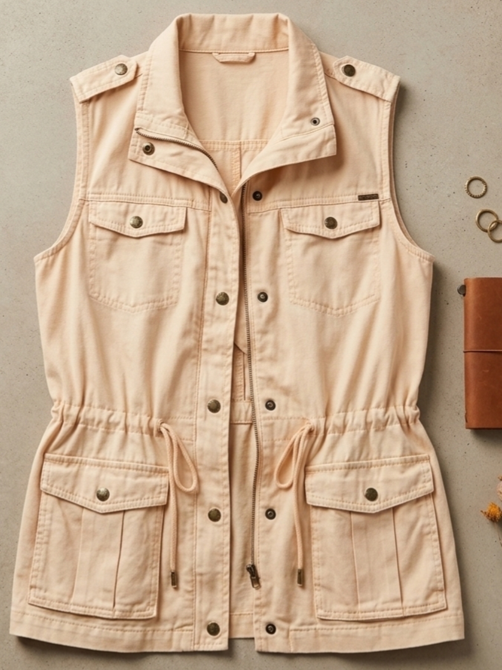 Light Pink Cargo Multi Pockets Zip Button Up Kahki Utility Vest Medium